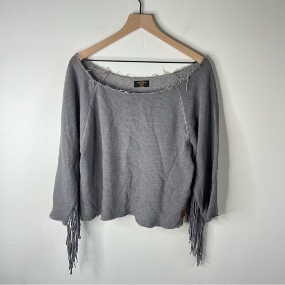 Hollywood Trading Company Gray Fringe Raw Hem Sweatshirt Large - Picture 4 of 12